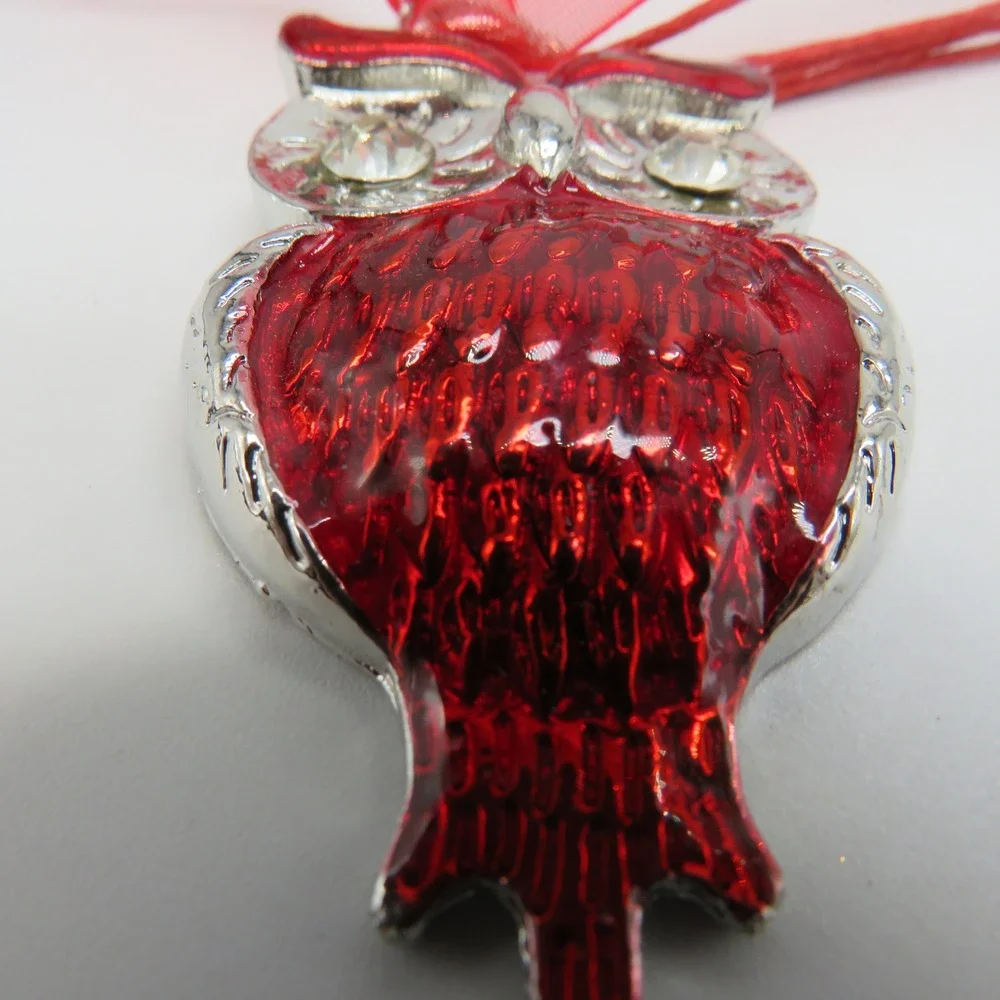 Red Owl Enamel Jewelry Set Necklace and Earrings Rhinestone Eyes 16 Inch